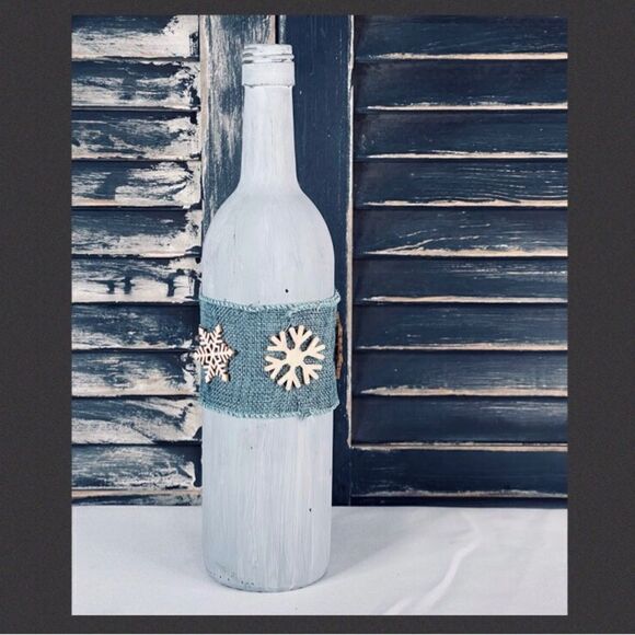 Hand-Painted Blue Wine Bottle with Burlap Ribbon & Wood Snowflakes - Picture 2 of 3